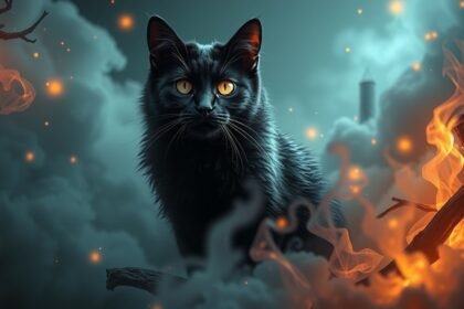 Gatto nero misterioso tra fumi e fiamme