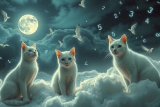 Tre gatti bianchi su nuvole con numeri e uccelli sotto la luna.