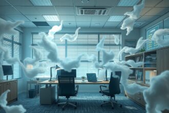 Interno di un ufficio con nuvole che simboleggiano sogni e nostalgia