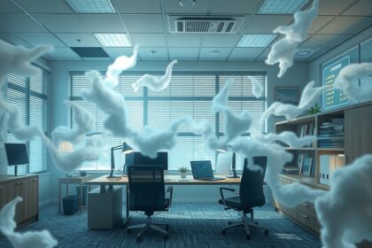 Interno di un ufficio con nuvole che simboleggiano sogni e nostalgia