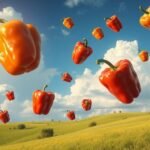 Peperoni rossi e gialli fluttuanti in un cielo sereno