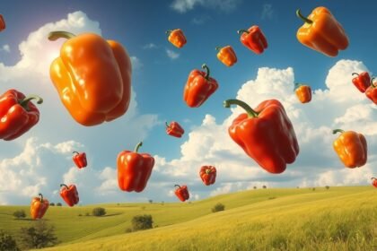 Peperoni rossi e gialli fluttuanti in un cielo sereno