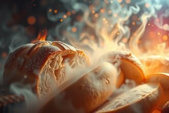 Pane fresco con fumo e luce, simbolo di abbondanza e vita.
