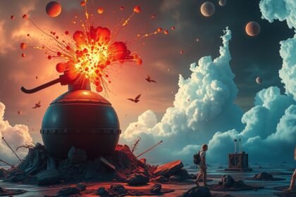 Esplosione emotiva di una bomba in un paesaggio onirico