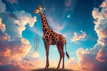 Giraffa che tiene un sogno nell'aria, simbolo di visione e orgoglio