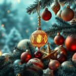 Decorazioni natalizie colorate tra gli alberi di Natale.