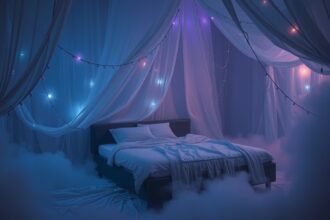 Camera da letto con lenzuola da lavare sotto luci soffuse