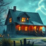 Una casa avvolta nel mistero con una luce calda e una luna piena