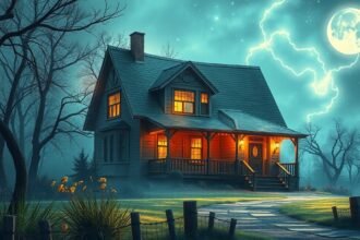 Una casa avvolta nel mistero con una luce calda e una luna piena