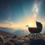 Carrozzina di neonato sotto un cielo stellato all'alba