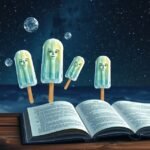 Ghiaccioli con volti sorridenti su un libro aperto sotto un cielo stellato.