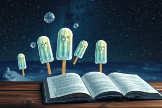 Ghiaccioli con volti sorridenti su un libro aperto sotto un cielo stellato.