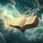 Un libro aperto fluttua tra le nuvole, simbolo di sogni e interpretazione.