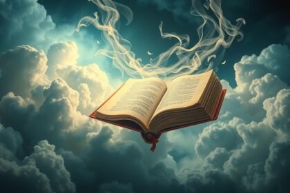 Un libro aperto fluttua tra le nuvole, simbolo di sogni e interpretazione.
