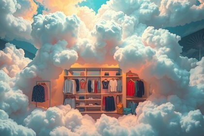 Negozio di vestiti in mezzo a nuvole colorate, simbolo di identità e stile.