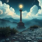 Colonna del rosario sotto la luna in un paesaggio montano.