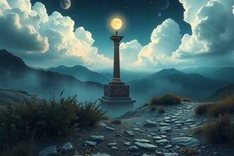 Colonna del rosario sotto la luna in un paesaggio montano.