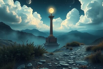 Colonna del rosario sotto la luna in un paesaggio montano.