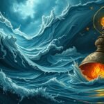 Un'immagine surreale di onde tempestose e un simbolo di fuoco che rappresenta emozioni contrastanti.