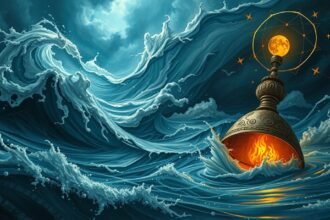 Un'immagine surreale di onde tempestose e un simbolo di fuoco che rappresenta emozioni contrastanti.