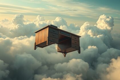 Scrivania fluttuante tra le nuvole, simbolo di cambiamento lavorativo.