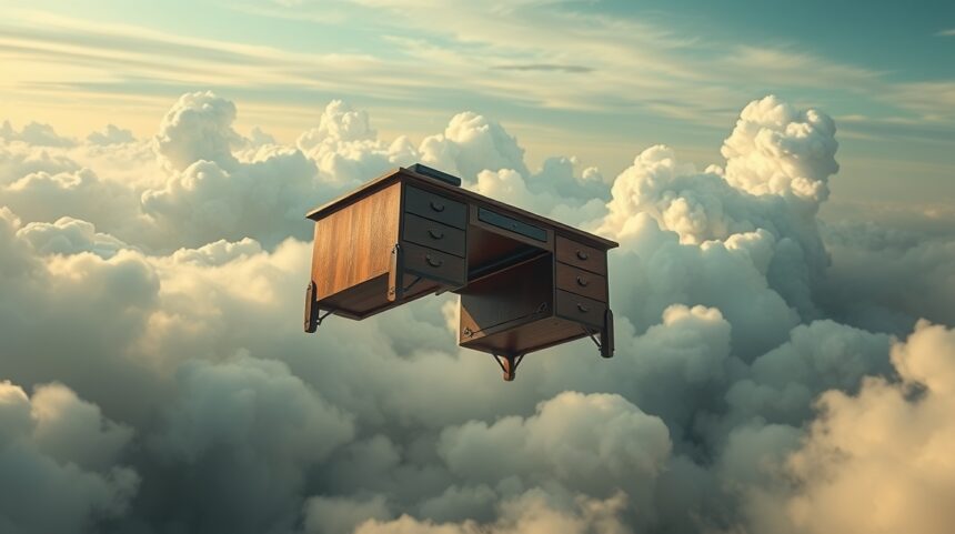 Scrivania fluttuante tra le nuvole, simbolo di cambiamento lavorativo.