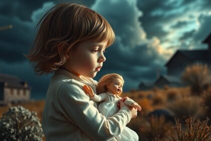 Bambina con bambola, simbolo di infanzia e nostalgia in un paesaggio evocativo.