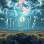 Immagine surreale di chiodi fluttuanti in un paesaggio onirico.