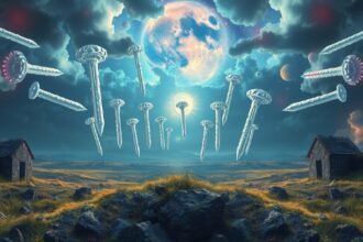 Immagine surreale di chiodi fluttuanti in un paesaggio onirico.