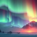 Aurora boreale danzante sopra le montagne in un paesaggio notturno.