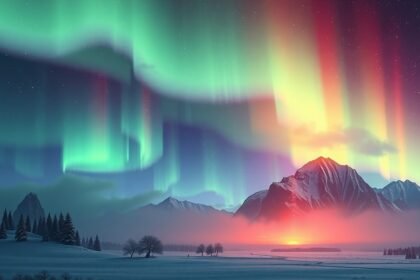 Aurora boreale danzante sopra le montagne in un paesaggio notturno.