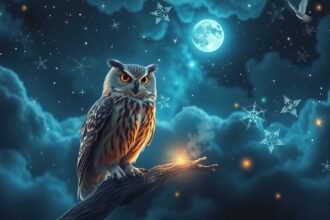 Gufo che simboleggia intuizione e saggezza in un cielo notturno.