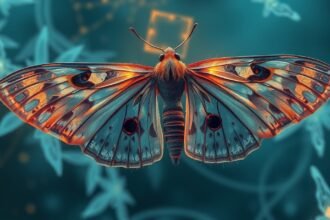 Falena colorata con grandi occhi sulle ali, simbolo di fragilità e desiderio.