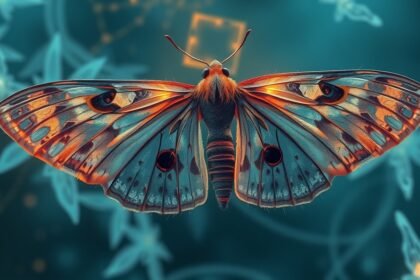 Falena colorata con grandi occhi sulle ali, simbolo di fragilità e desiderio.