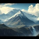 Paesaggio montano con frana e cascata in primo piano