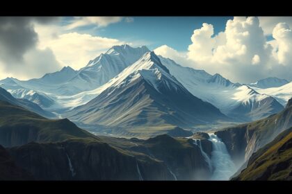 Paesaggio montano con frana e cascata in primo piano