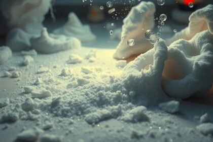 Particelle di zucchero sparse evocano sogni e simboli di dolcezza.