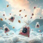 Sacchetti di confetti che fluttuano tra le nuvole con numeri del Lotto.