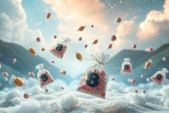 Sacchetti di confetti che fluttuano tra le nuvole con numeri del Lotto.