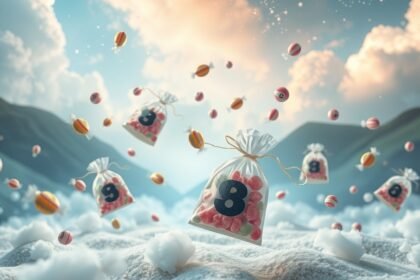 Sacchetti di confetti che fluttuano tra le nuvole con numeri del Lotto.