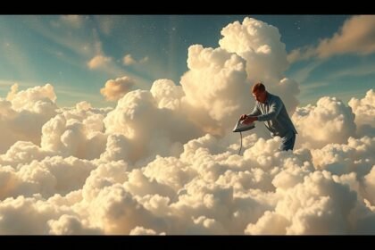 Uomo che stira nelle nuvole, simbolo di ordine e chiarezza emotiva.