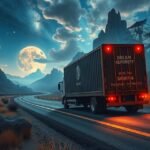 Camion che guida verso un paesaggio onirico al chiaro di luna