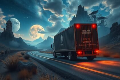 Camion che guida verso un paesaggio onirico al chiaro di luna