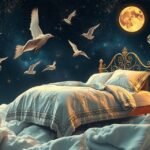Lenzuola sognate con uccelli e lune in una scenografia notturna.