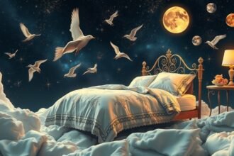 Lenzuola sognate con uccelli e lune in una scenografia notturna.