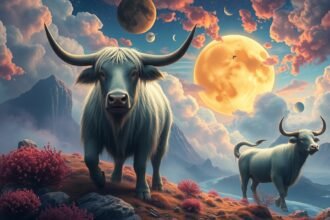 Due buoi in un paesaggio fantastico sotto un cielo stellato.