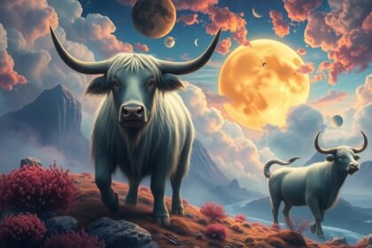 Due buoi in un paesaggio fantastico sotto un cielo stellato.