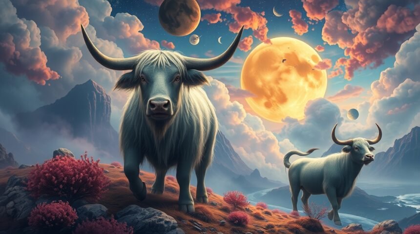 Due buoi in un paesaggio fantastico sotto un cielo stellato.