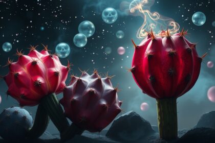 Fichi d'India in un paesaggio onirico con elementi magici.