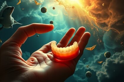 Una mano che tiene una dentiera simbolo di insicurezza e cambiamento